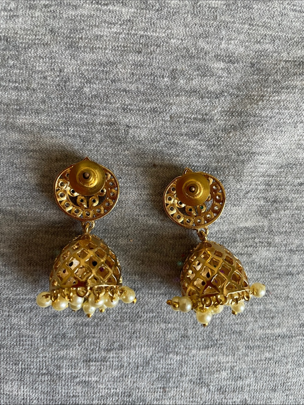 Gold-Tone Pink and Green Jhumka Earrings with Pearl Fringe - Picture 3 of 5